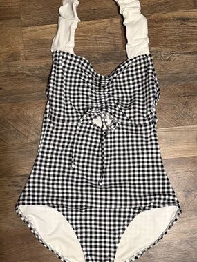 Lands' End Black & White Gingham One-Piece Swimsuit with Ruched Straps